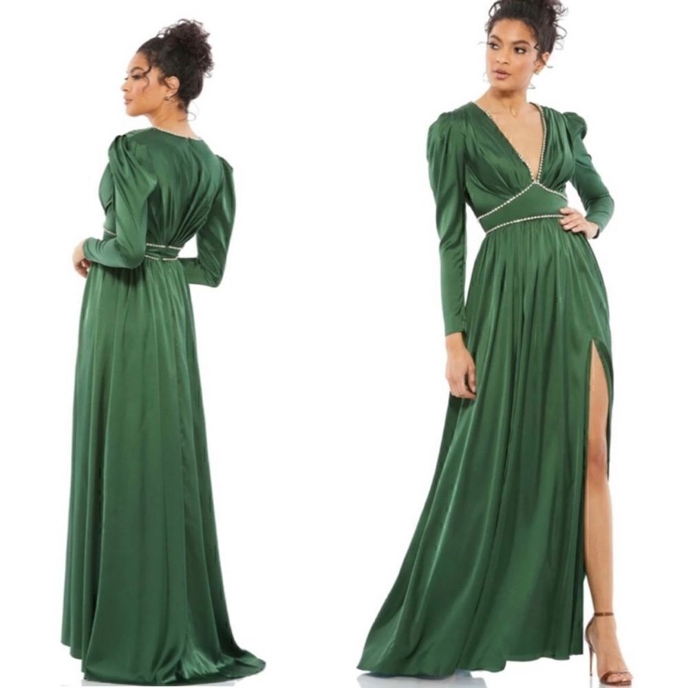 Mac Duggal NWT Satin Puff Shoulder Rhinestone Encrusted Gown Emerald Green 14